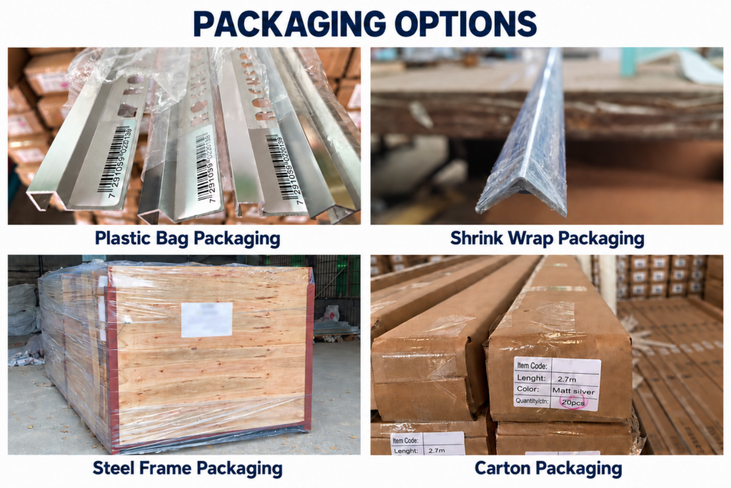 Aluminium trim plastic bag, shrink wrap, steel frame and carton packaging options