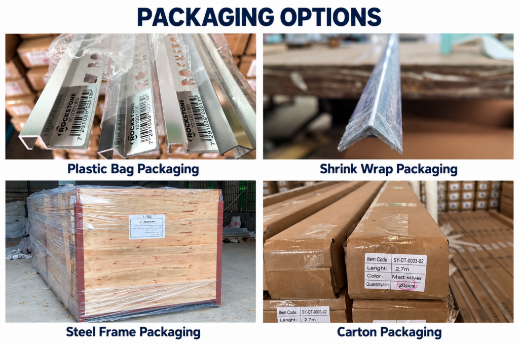 Aluminium trim plastic bag, shrink wrap, steel frame and carton packaging options